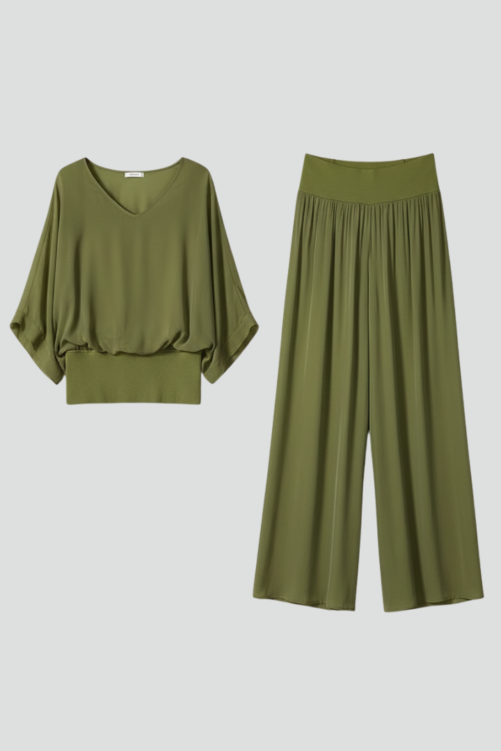 Penelope | Women's V-Neck Wide Leg Set - Green - Image 1
