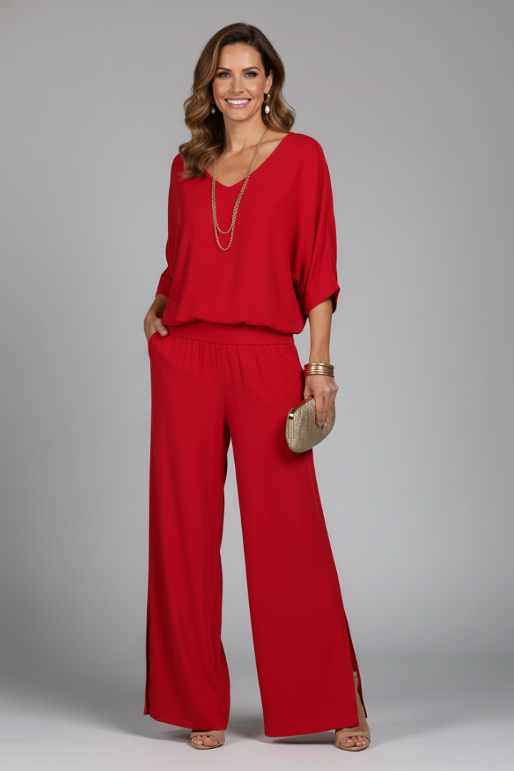 Penelope | Women's V-Neck Wide Leg Set - Green - Image 11