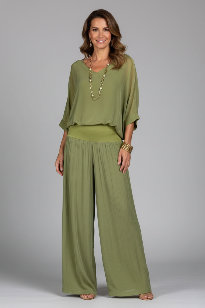 Penelope | Women's V-Neck Wide Leg Set - Green - Image 2