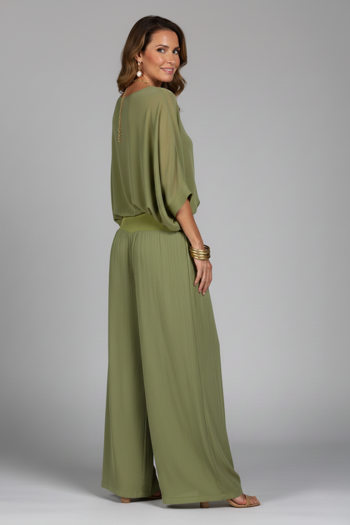 Penelope | Women's V-Neck Wide Leg Set - Green - Image 3