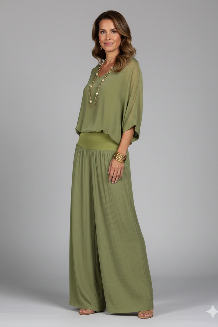 Penelope | Women's V-Neck Wide Leg Set - Green - Image 4