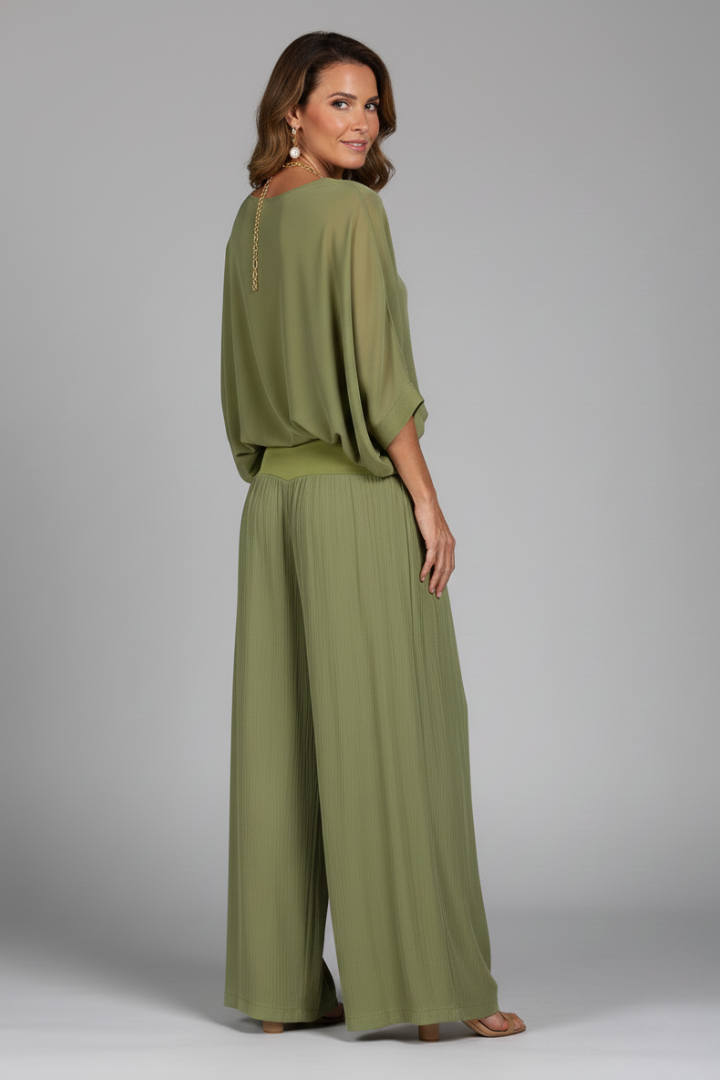 Penelope | Women's V-Neck Wide Leg Set - Green - Image 5