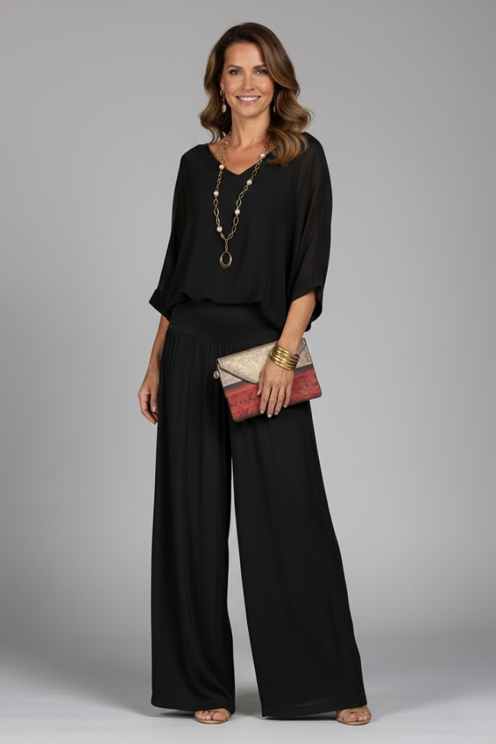 Penelope | Women's V-Neck Wide Leg Set - Green - Image 7