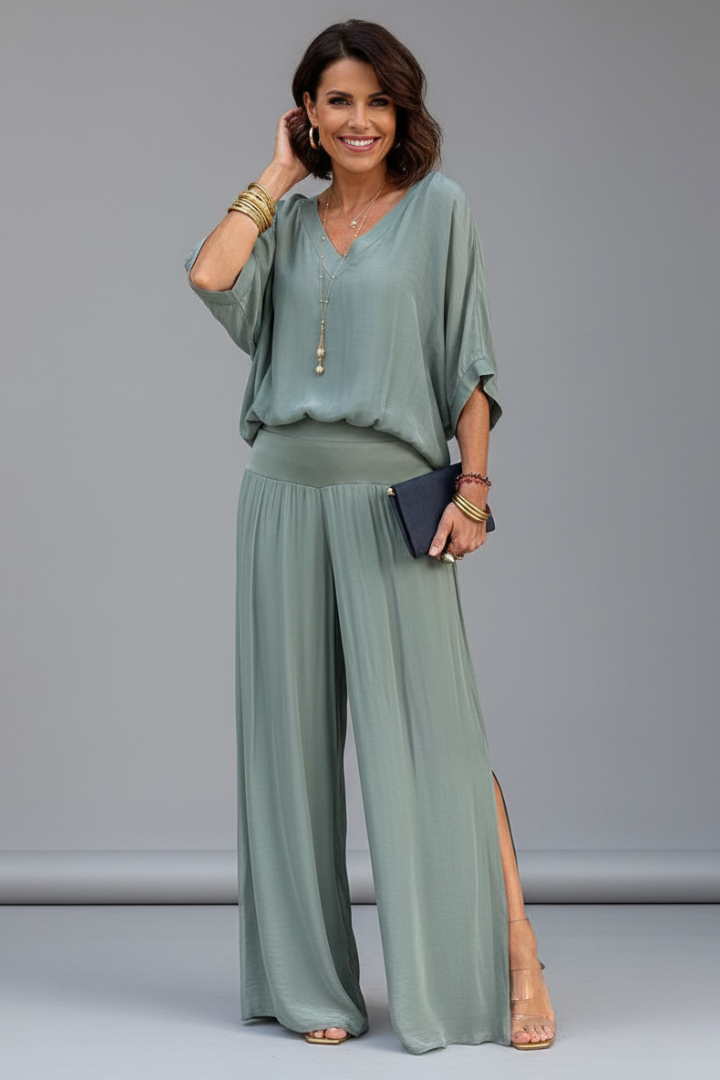 Penelope | Women's V-Neck Wide Leg Set - Green - Image 9