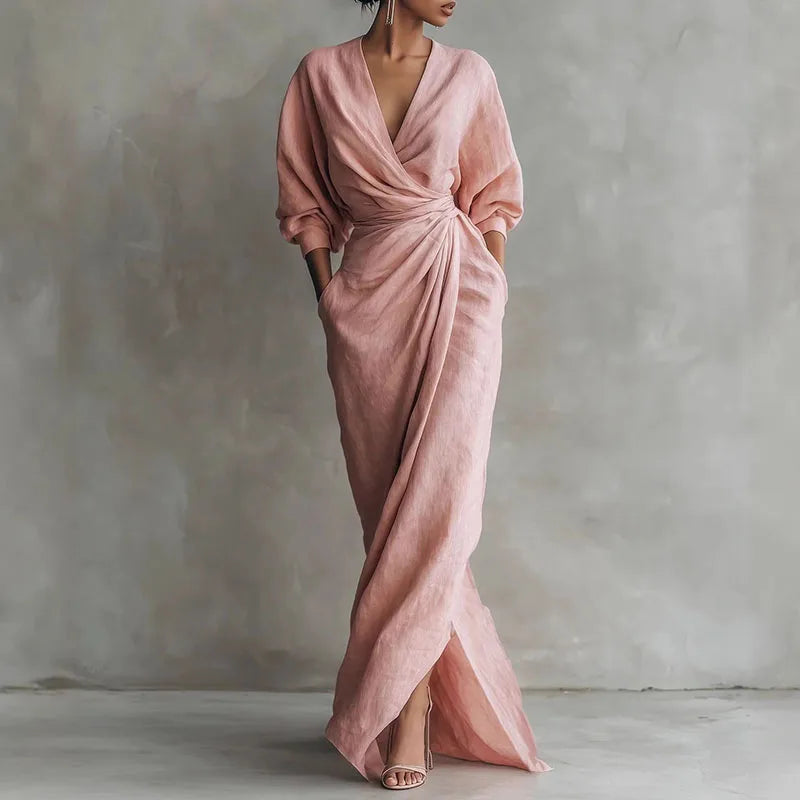 Penelope | Women's V-Neck Wrap Long Sleeve Maxi Dress - Pink - Image 1