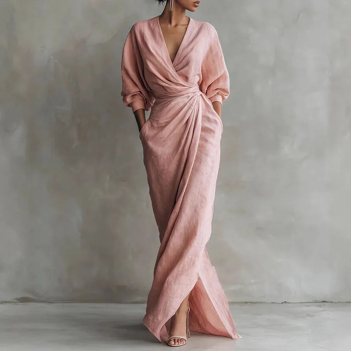 Penelope | Women's V-Neck Wrap Long Sleeve Maxi Dress - Pink - Image 1