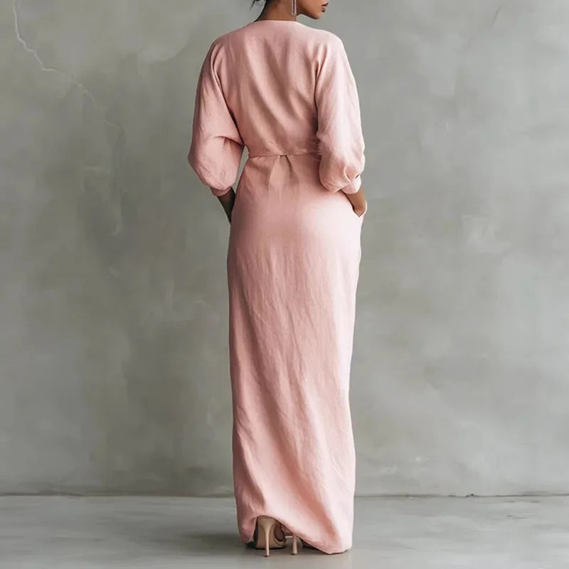 Penelope | Women's V-Neck Wrap Long Sleeve Maxi Dress - Pink - Image 2