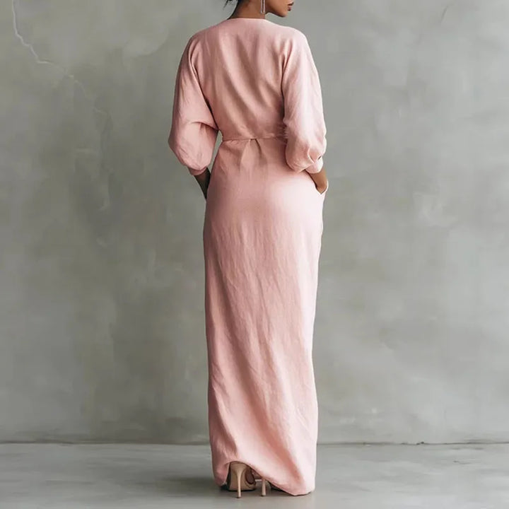 Penelope | Women's V-Neck Wrap Long Sleeve Maxi Dress - Pink - Image 2
