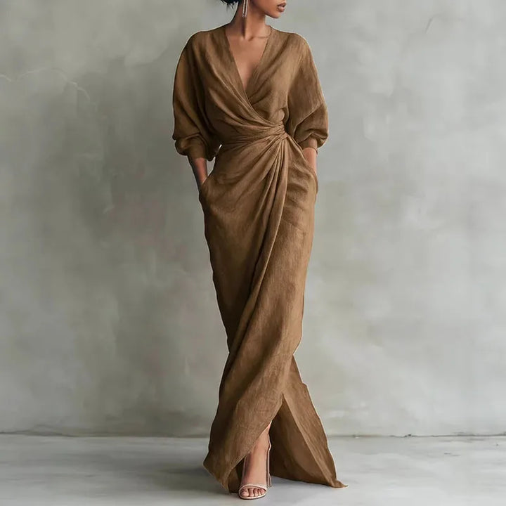 Penelope | Women's V-Neck Wrap Long Sleeve Maxi Dress - Pink - Image 3