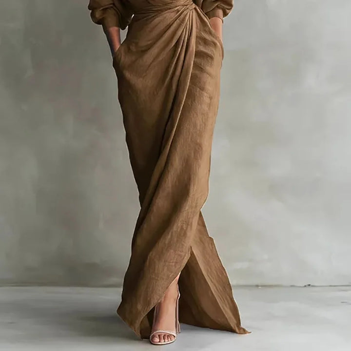 Penelope | Women's V-Neck Wrap Long Sleeve Maxi Dress - Pink - Image 4