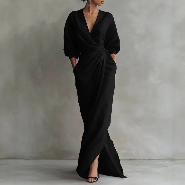 Penelope | Women's V-Neck Wrap Long Sleeve Maxi Dress - Pink - Image 5
