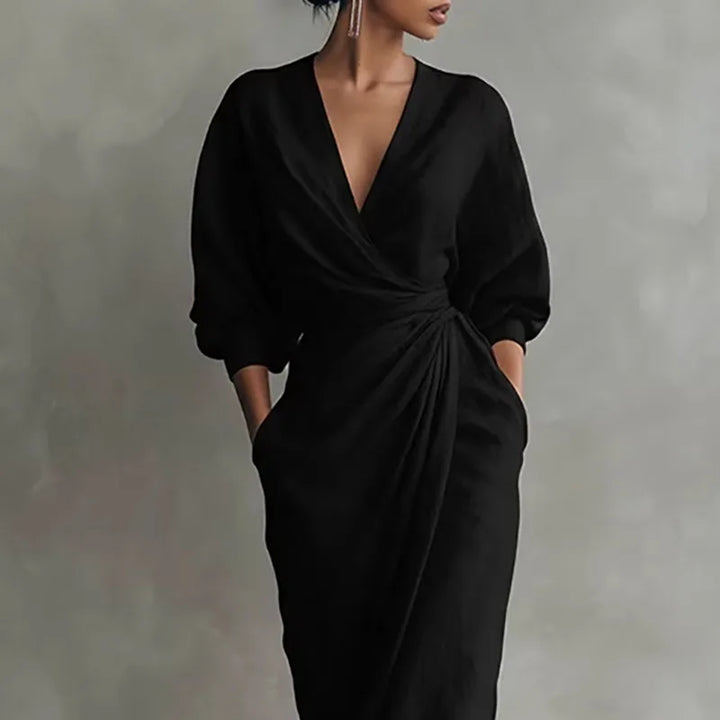 Penelope | Women's V-Neck Wrap Long Sleeve Maxi Dress - Pink - Image 6