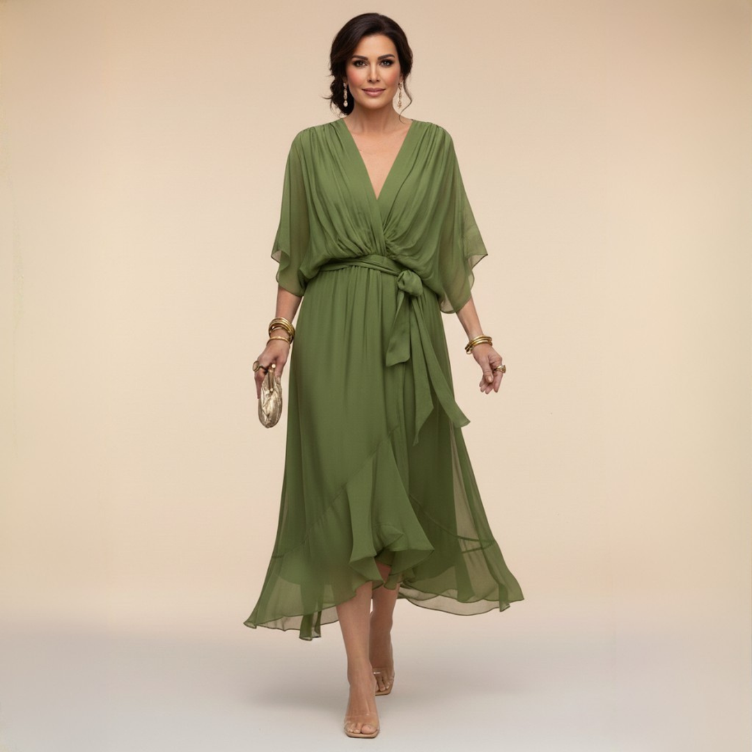 Penelope | Women's V-Neck Wrap Midi Dress - Green - Image 1