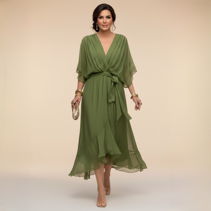 Penelope | Women's V-Neck Wrap Midi Dress - Green - Image 1