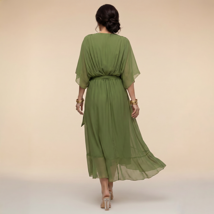 Penelope | Women's V-Neck Wrap Midi Dress - Green - Image 3