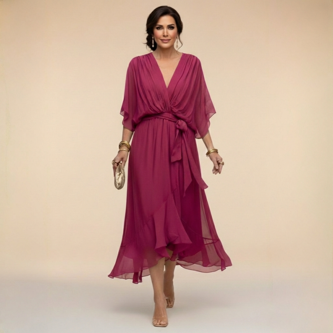 Penelope | Women's V-Neck Wrap Midi Dress - Green - Image 7