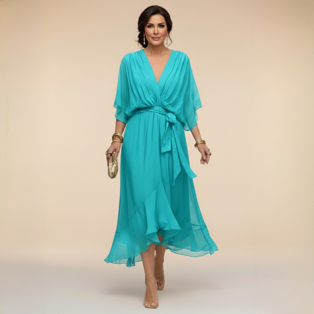 Penelope | Women's V-Neck Wrap Midi Dress - Green - Image 8