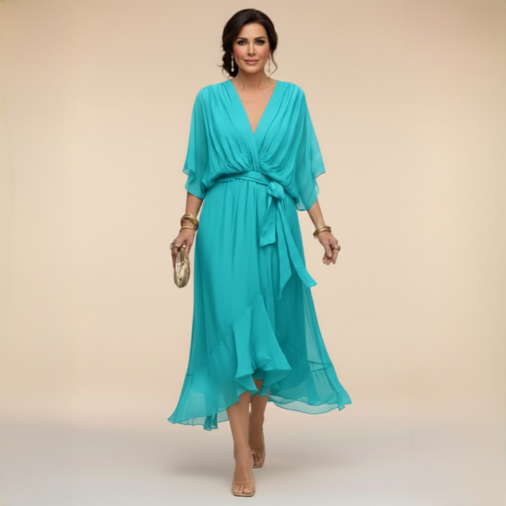 Penelope | Women's V-Neck Wrap Midi Dress - Green - Image 8