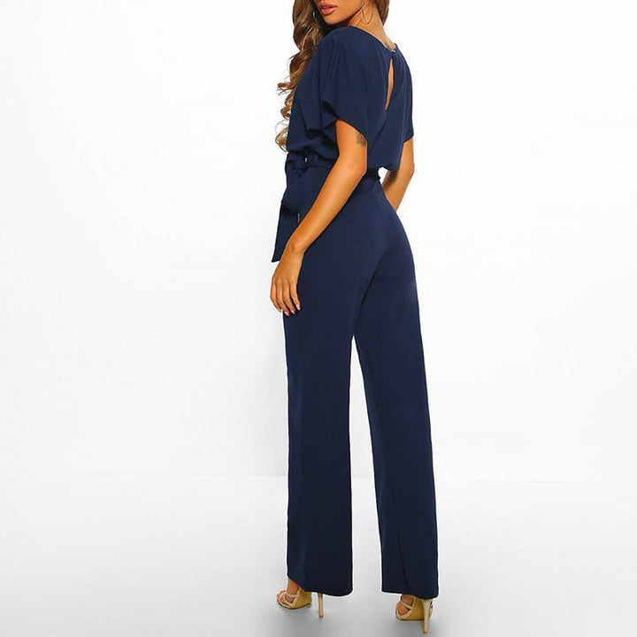 Penelope | Women's Wide Leg Short Sleeve Belted Jumpsuit - Navy - Image 1