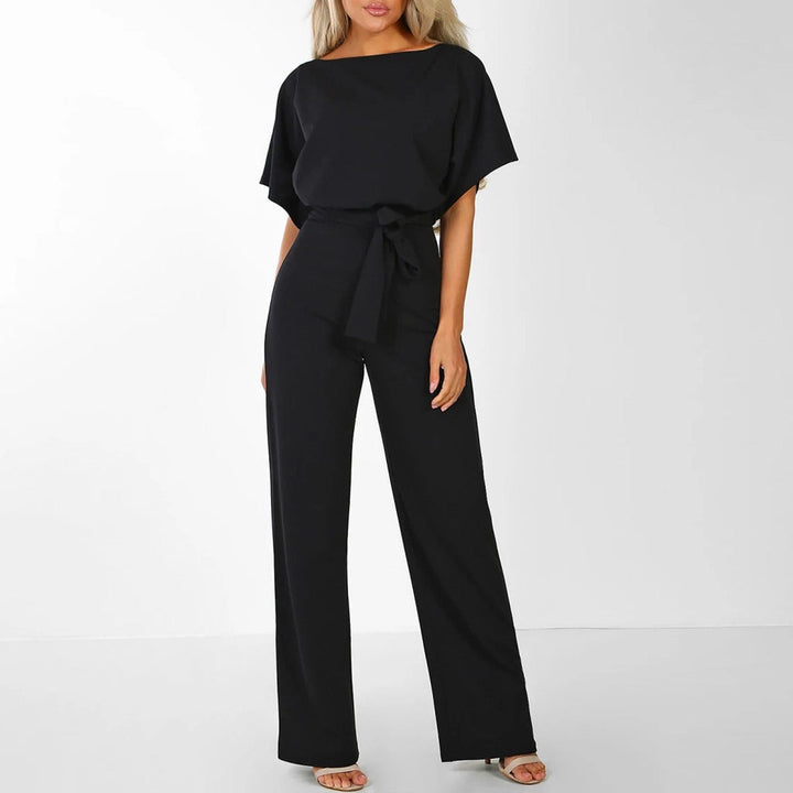 Penelope | Women's Wide Leg Short Sleeve Belted Jumpsuit - Navy - Image 4