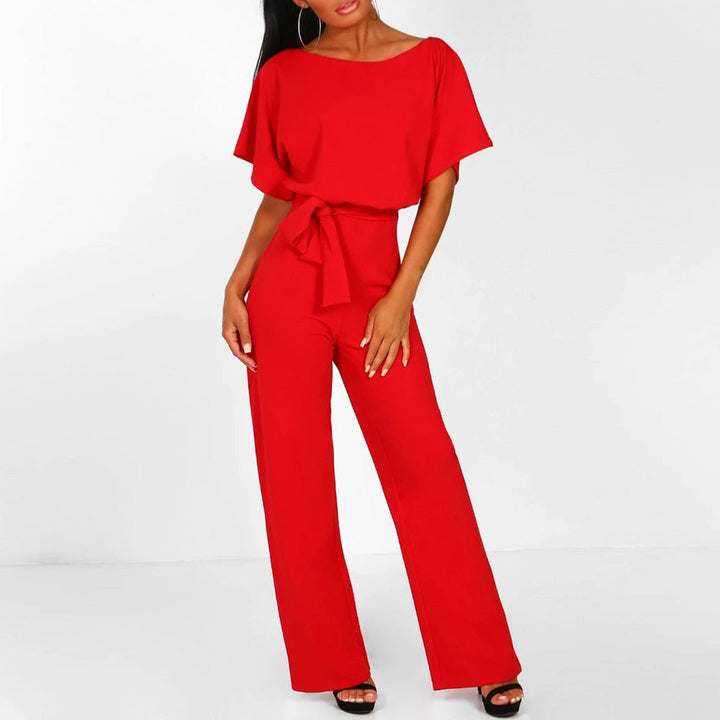 Penelope | Women's Wide Leg Short Sleeve Belted Jumpsuit - Navy - Image 8