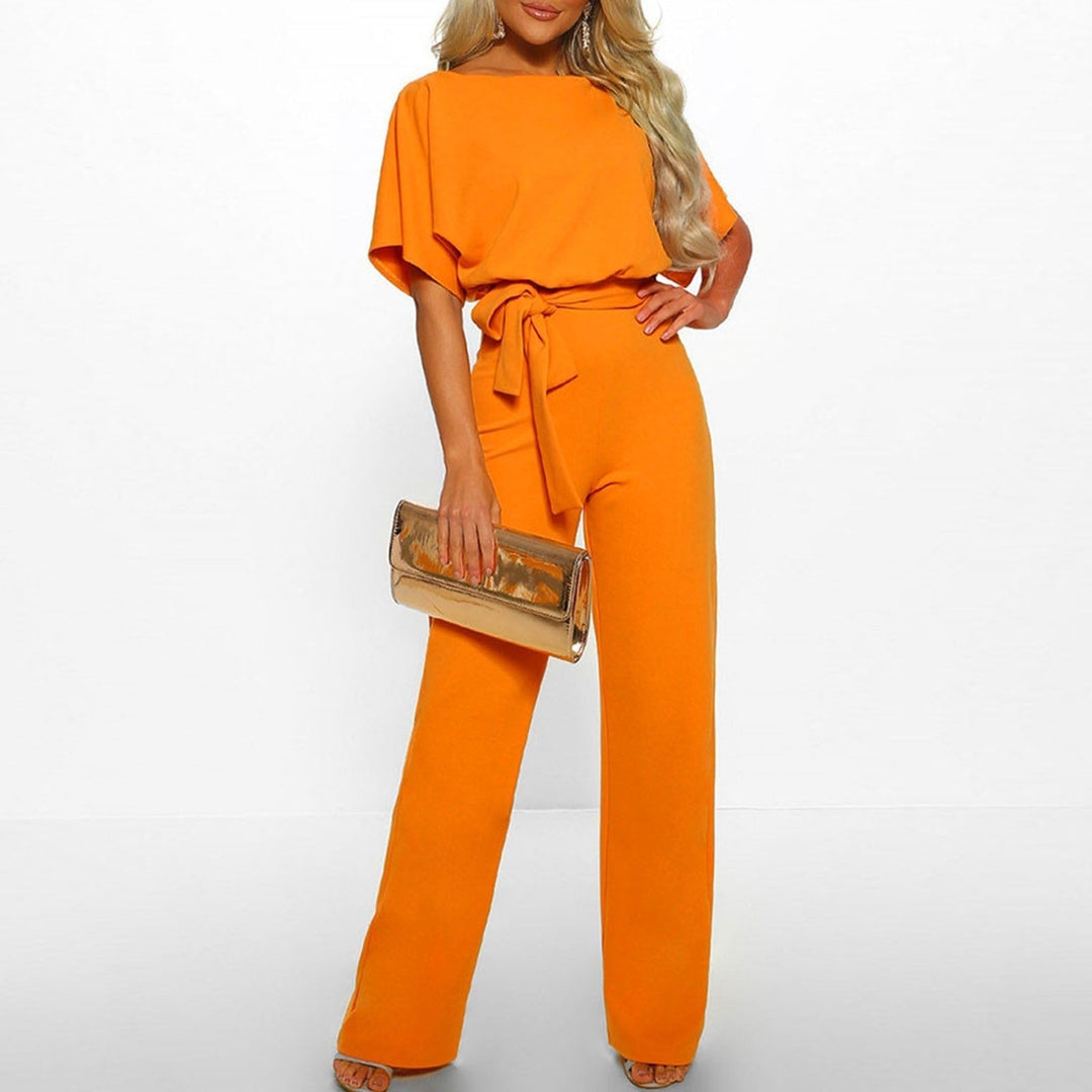 Penelope | Women's Wide Leg Short Sleeve Belted Jumpsuit - Navy - Image 9