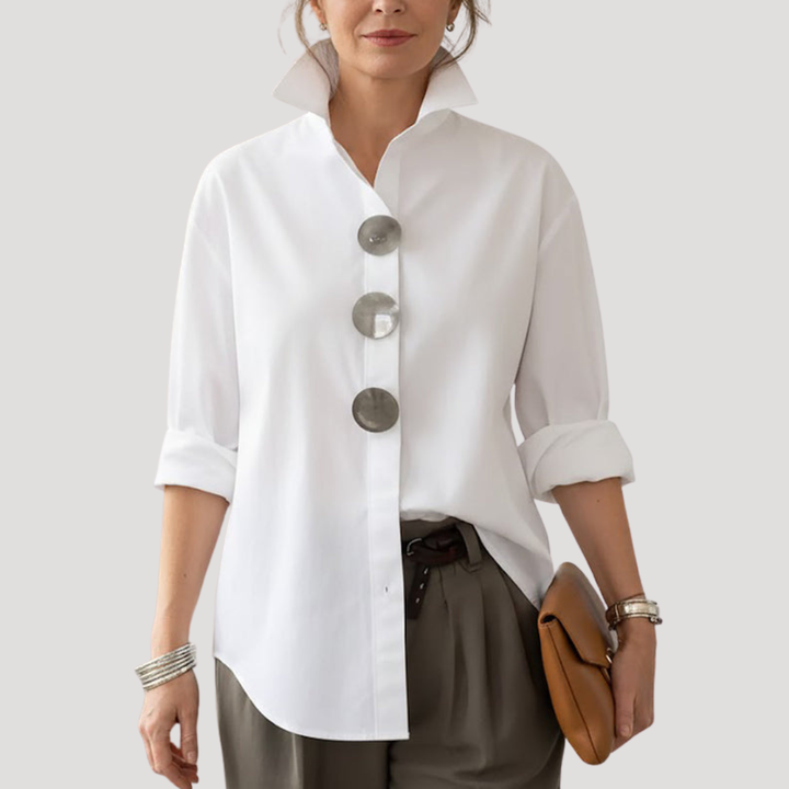 Persephone | Women's Stand Collar Button Front Shirt - White - Image 1