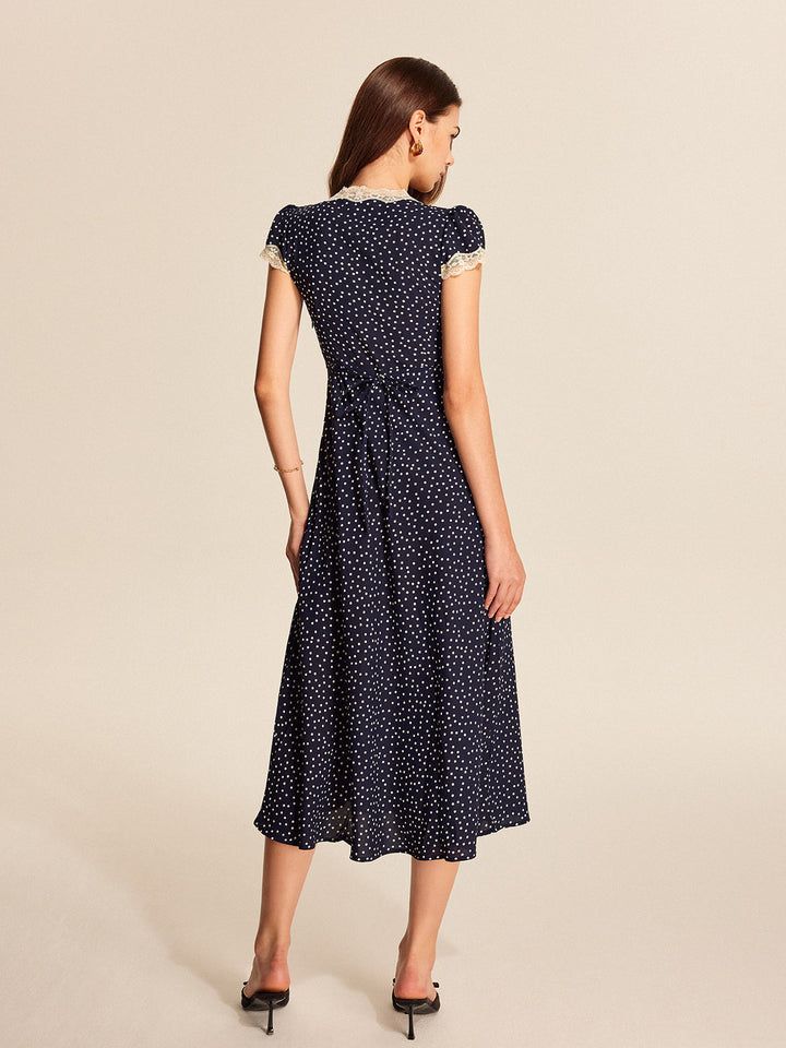 Colette | Women's Polka Dot Lace Trim V-Neck Cap Sleeve Midi Dress