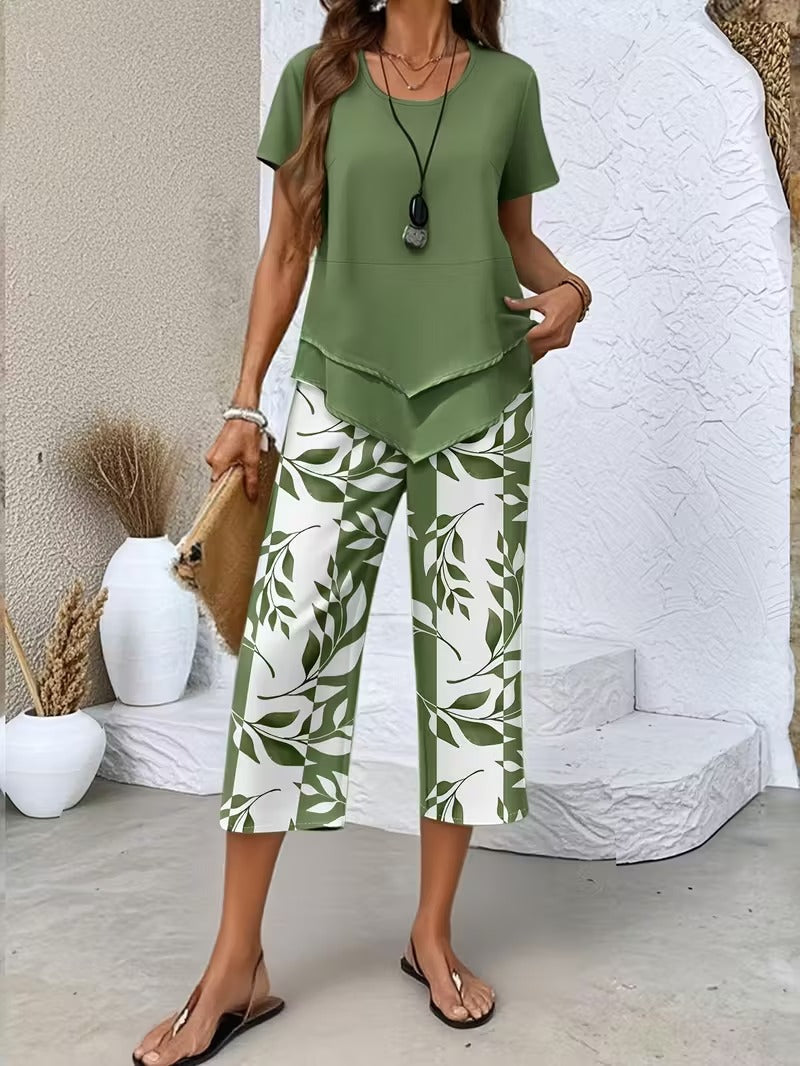 Primrose | Women's Leaf Print Two Piece Set - Green - Image 1