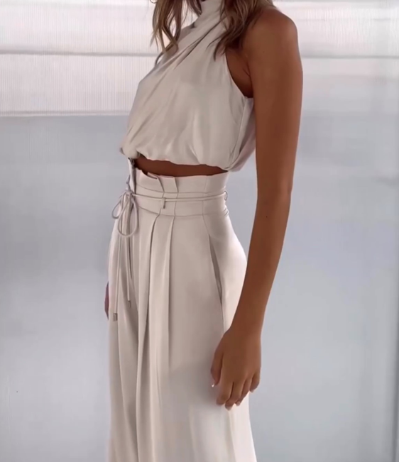 Priya | Women's Halter Crop Top Wide Leg Pants Set - Beige - Image 1