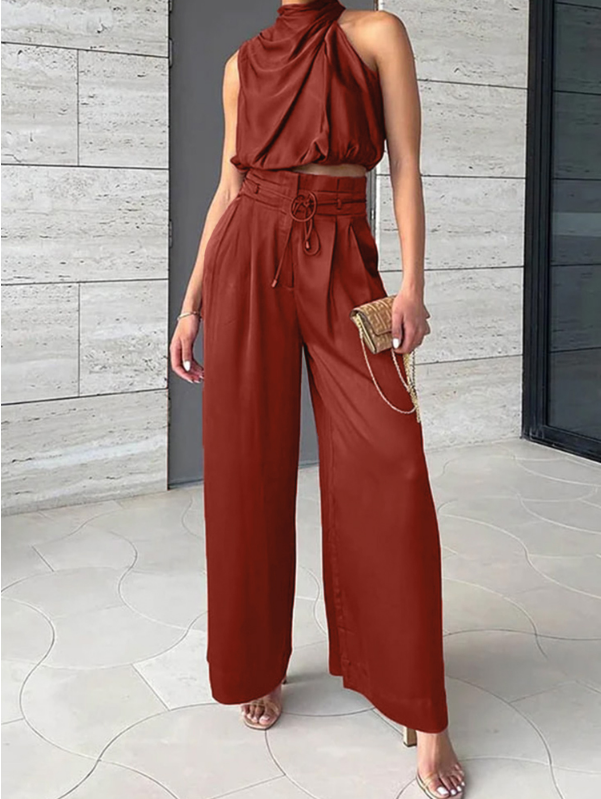 Priya | Women's Halter Crop Top Wide Leg Pants Set - Beige - Image 10