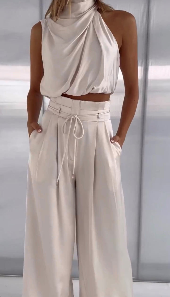 Priya | Women's Halter Crop Top Wide Leg Pants Set - Beige - Image 9