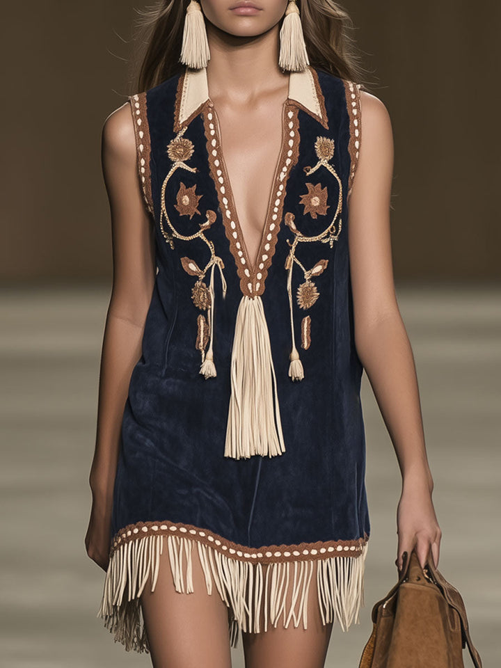 Raven | Women's Embroidered Bohemian Mini Dress - Navy - Image 1