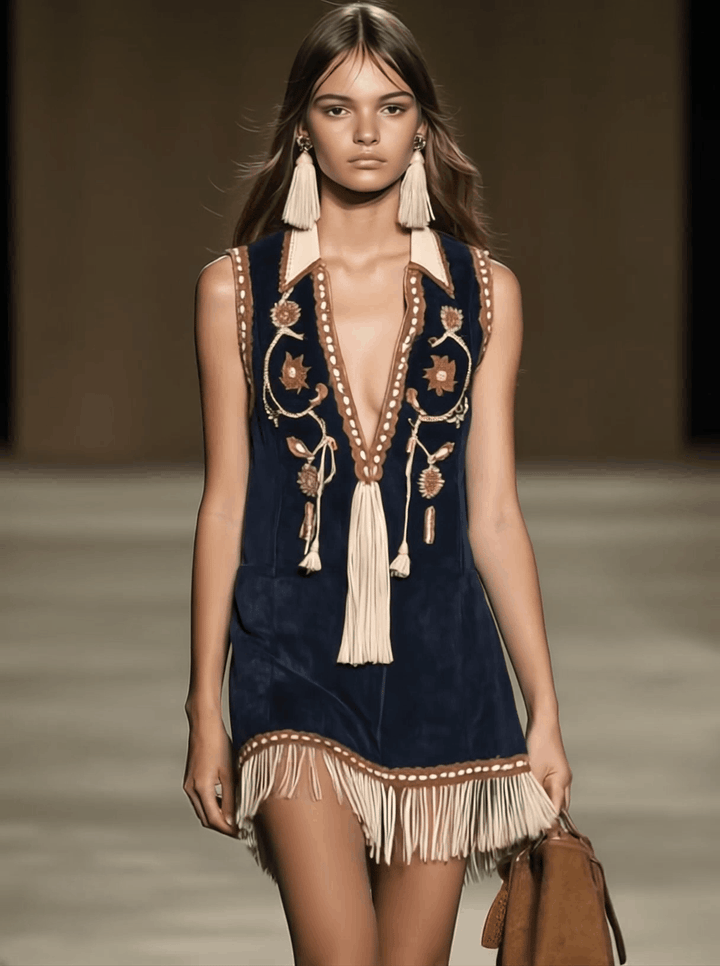 Raven | Women's Embroidered Bohemian Mini Dress - Navy - Image 2