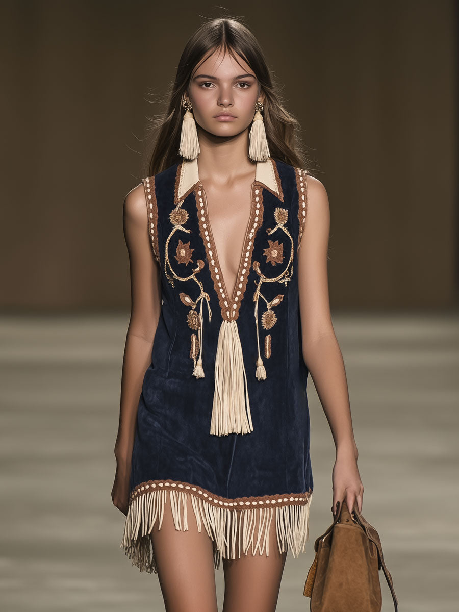 Raven | Women's Embroidered Bohemian Mini Dress - Navy - Image 3