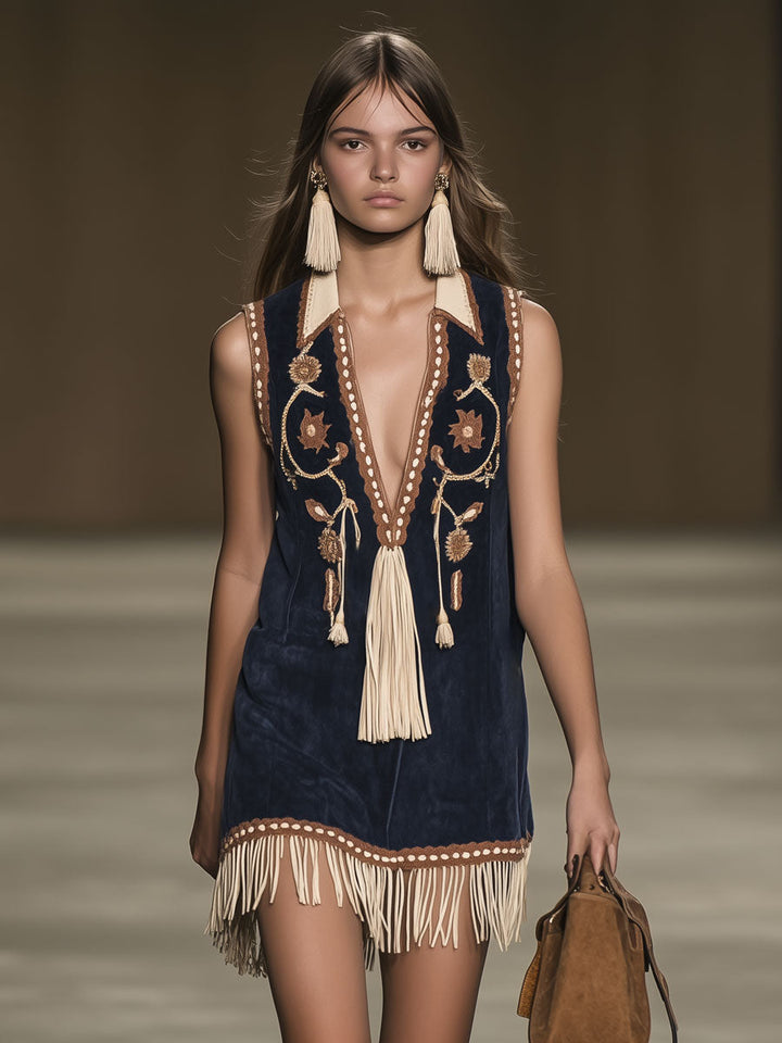 Raven | Women's Embroidered Bohemian Mini Dress - Navy - Image 3