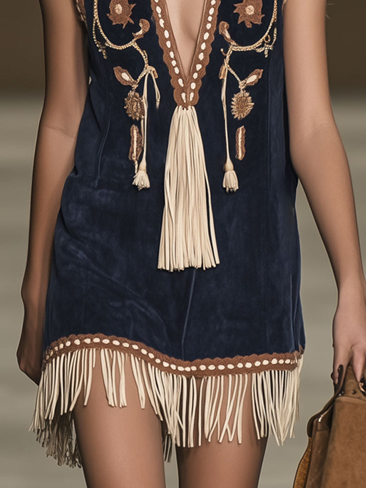 Raven | Women's Embroidered Bohemian Mini Dress - Navy - Image 6