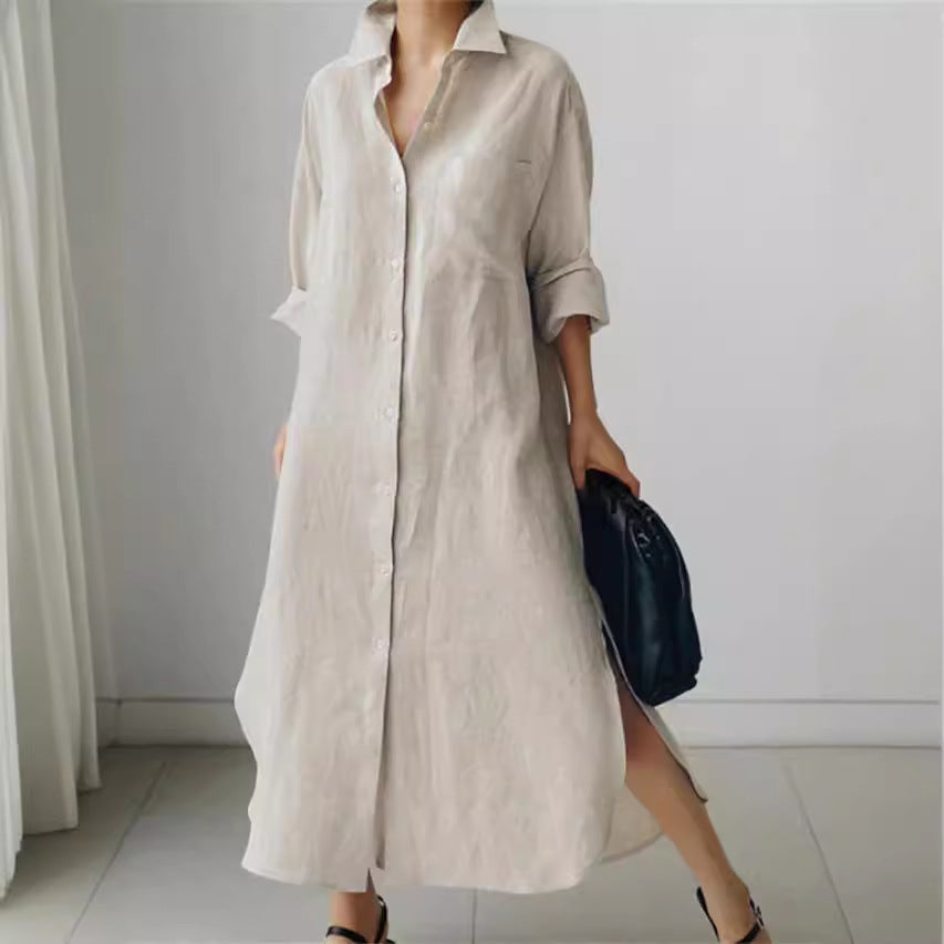 Ravenna | Women's Collared Button Down Midi Shirt Dress - Beige - Image 1