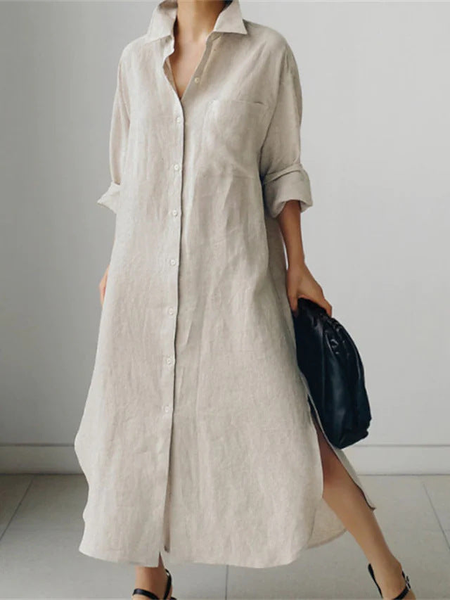 Ravenna | Women's Collared Button Down Midi Shirt Dress - Beige - Image 5
