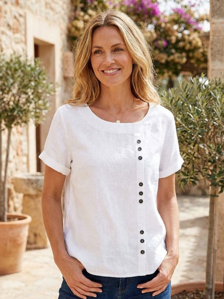 Foreen | Women's Casual Scoop Neck Button Detail Short Sleeve Top