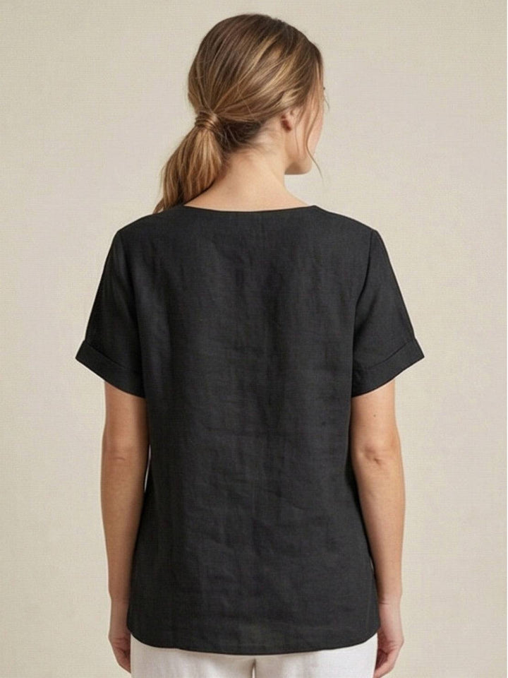 Foreen | Women's Casual Scoop Neck Button Detail Short Sleeve Top