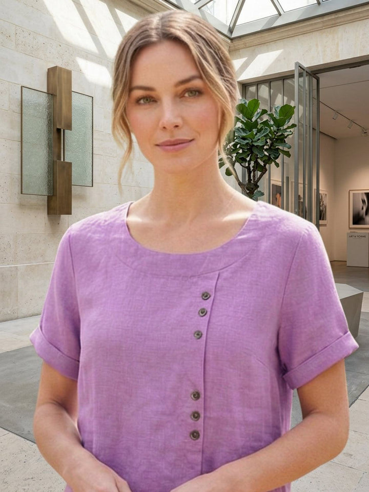Foreen | Women's Casual Scoop Neck Button Detail Short Sleeve Top