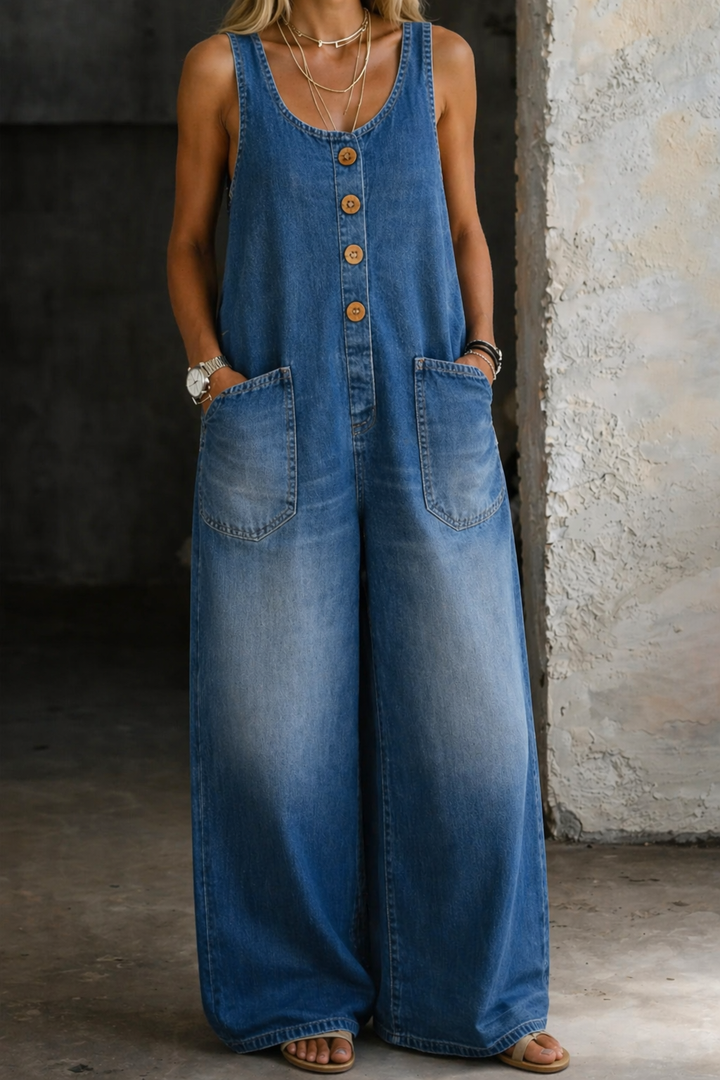 Remy | Women's Button Front Wide Leg Overalls - Blue - Image 1