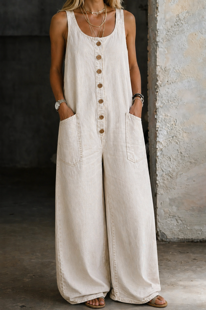 Remy | Women's Button Front Wide Leg Overalls - Blue - Image 10