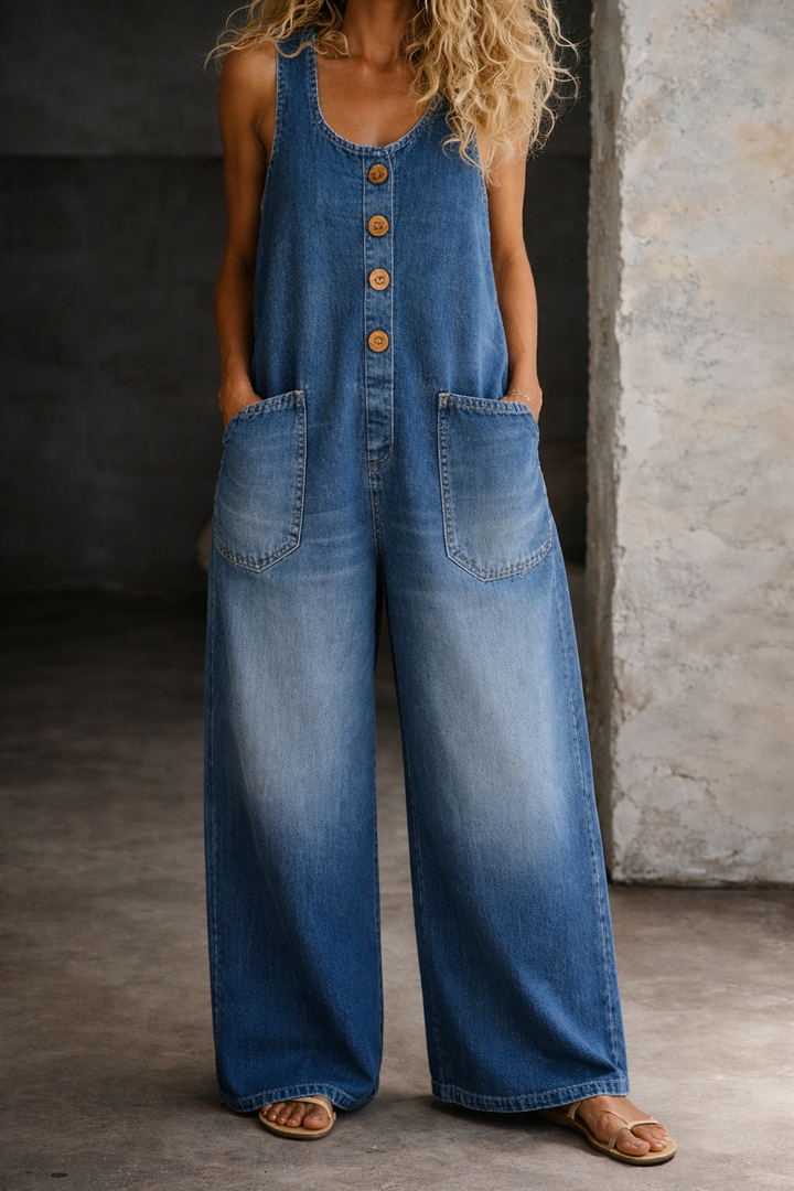 Remy | Women's Button Front Wide Leg Overalls - Blue - Image 2