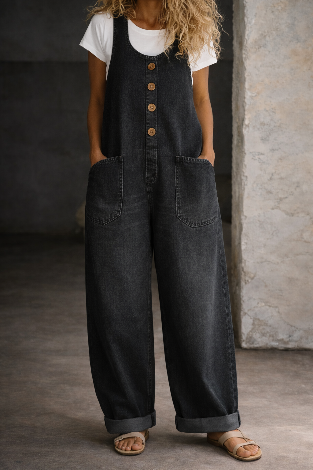 Remy | Women's Button Front Wide Leg Overalls - Blue - Image 4