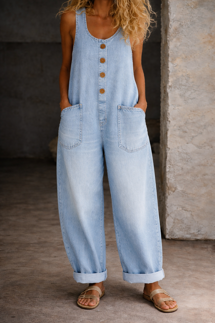 Remy | Women's Button Front Wide Leg Overalls - Blue - Image 6