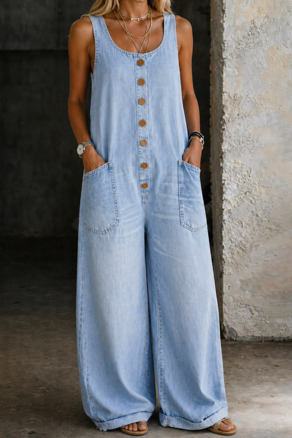 Remy | Women's Button Front Wide Leg Overalls - Blue - Image 9