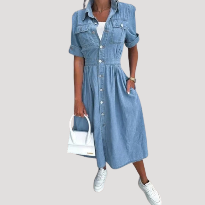 Renata | Women's Button Front Short Sleeve Midi Dress - Light Blue - Image 1