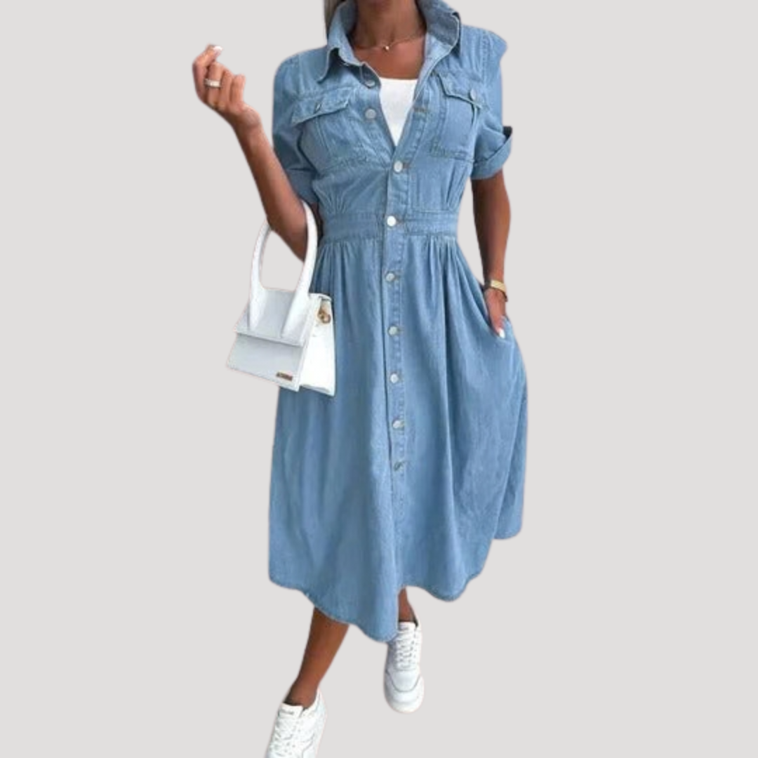 Renata | Women's Button Front Short Sleeve Midi Dress - Light Blue - Image 2